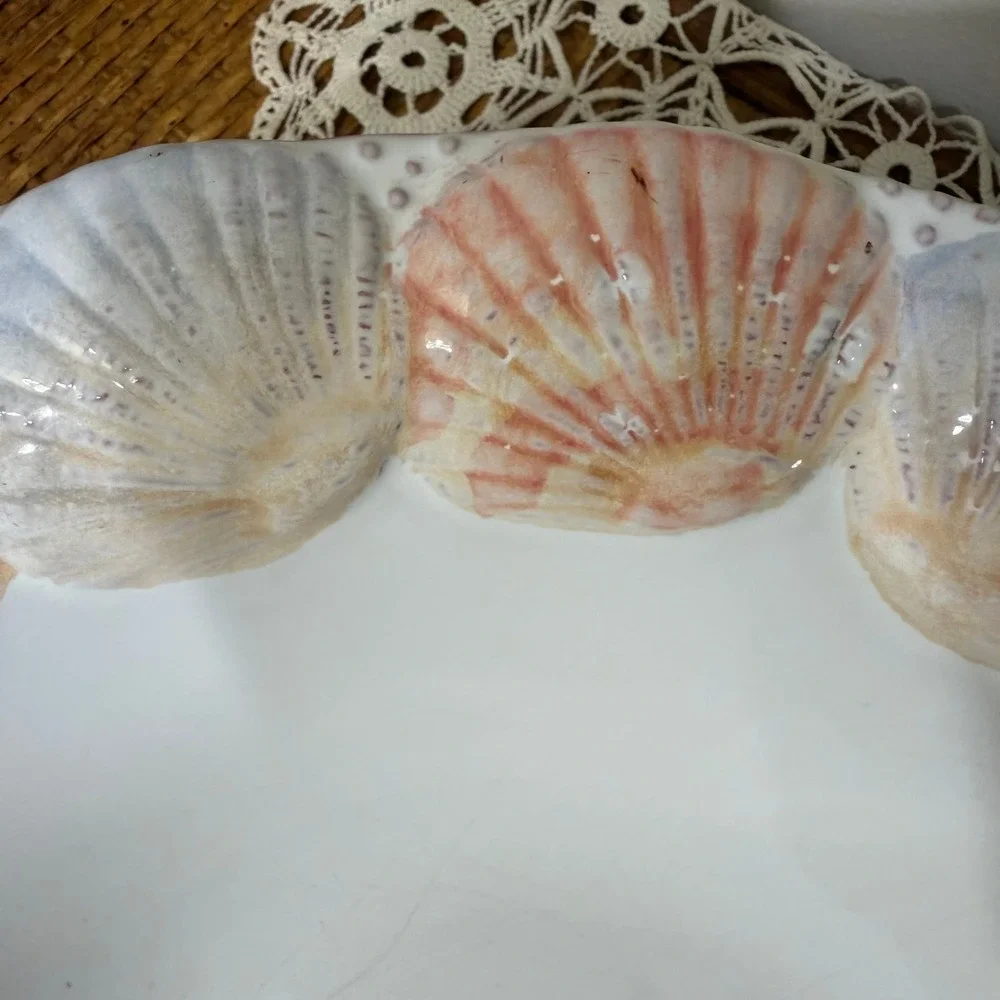 Vintage Portugal Sculptural Scallop Shell Rim Bowl Coastal Majolica Serving Dish